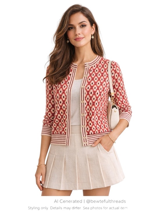 kate spade Sweaters - Kate Spade Pink Red Print Cotton Cardigan M